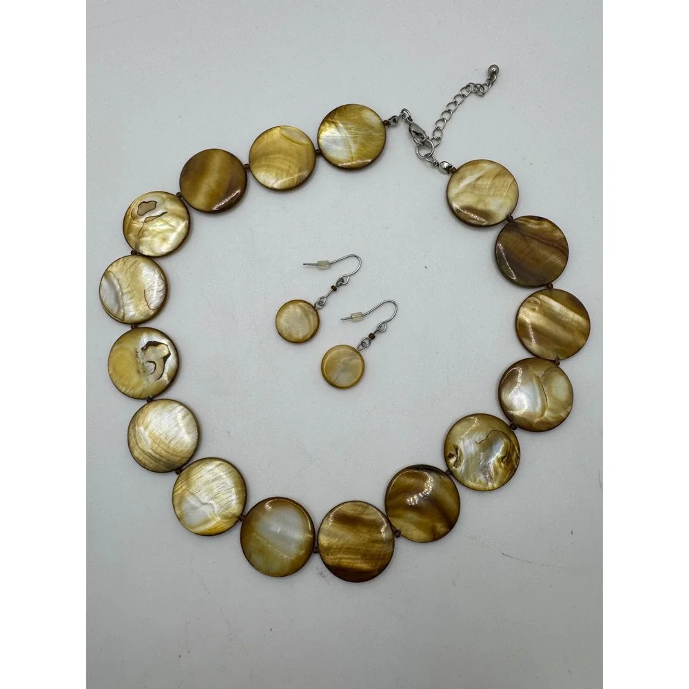 Golden Brown Shell Disc Statement Necklace & Matching Drop Earrings Jewelry Set